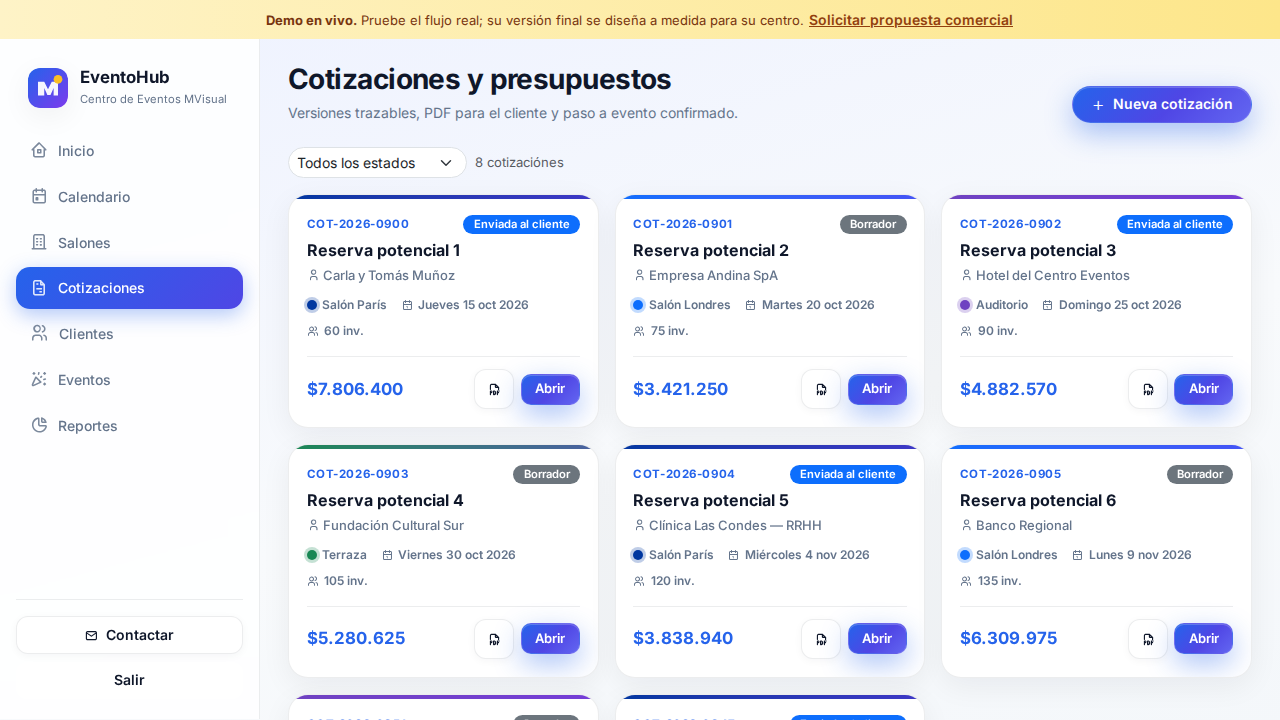 Captura de demo: Cotizaciones, plantillas y PDF