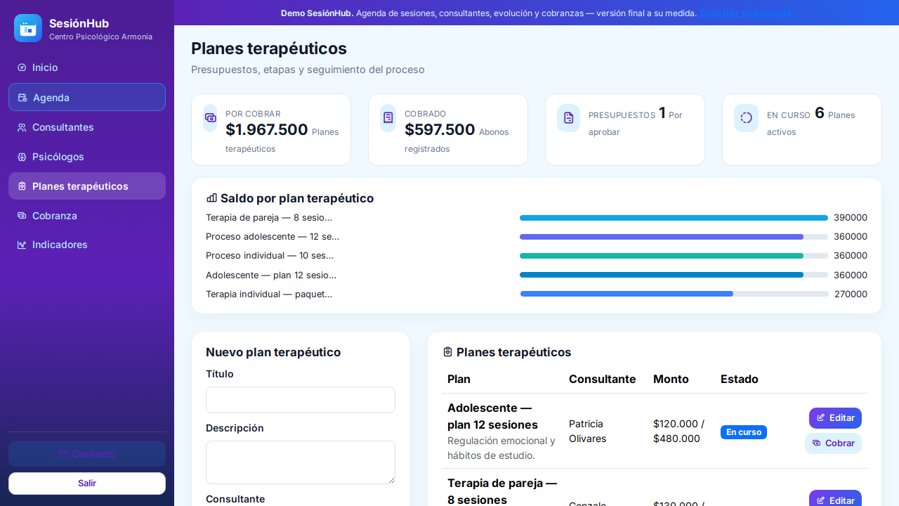 Captura de demo: Planes terapéuticos
