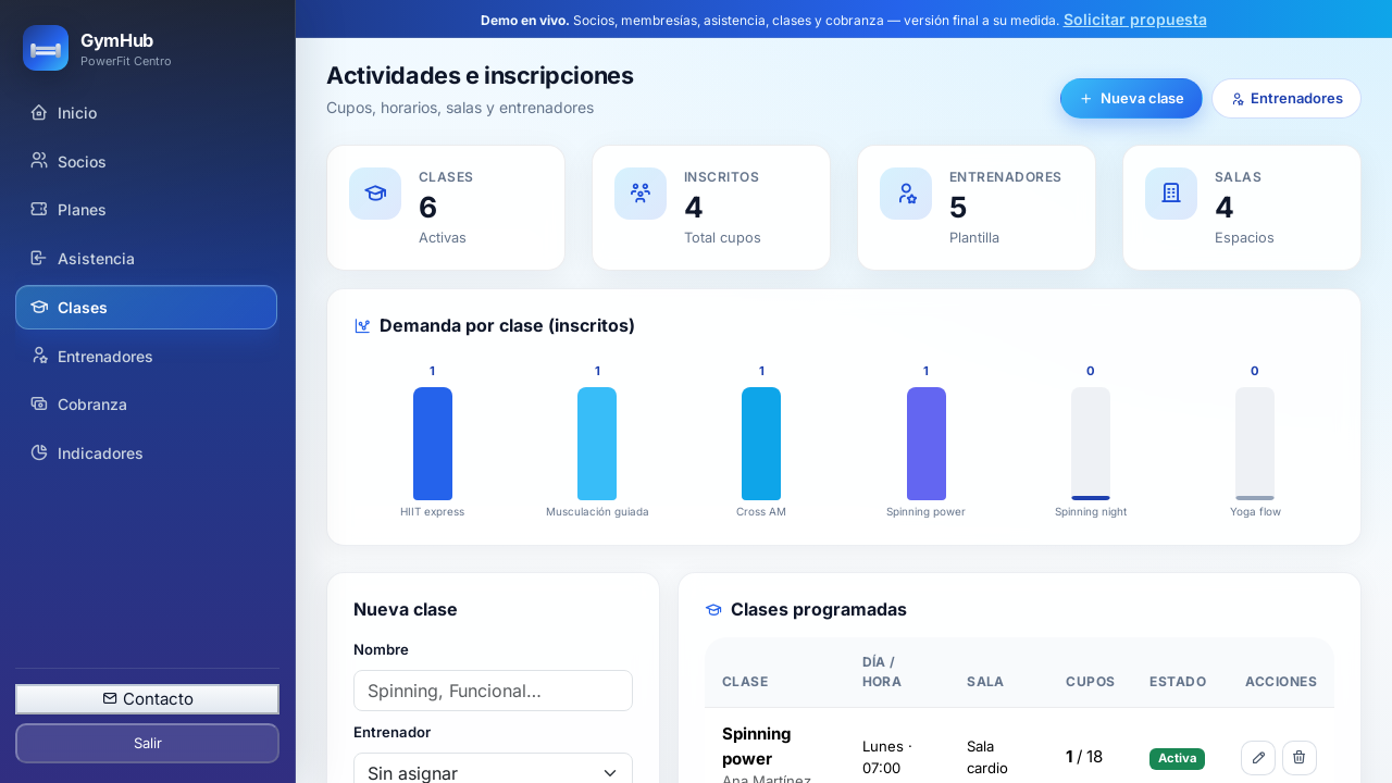 Captura de demo: Clases y cupos